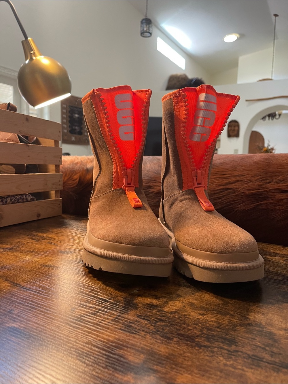 UGG Women's Tan Suede Boots with Bright Orange Zip Panel